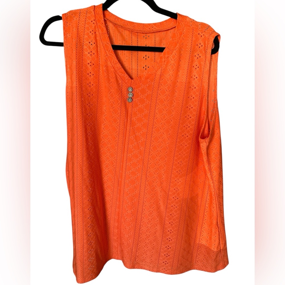 Womens Orange eyelet dressy tank w decorative brown buttons.